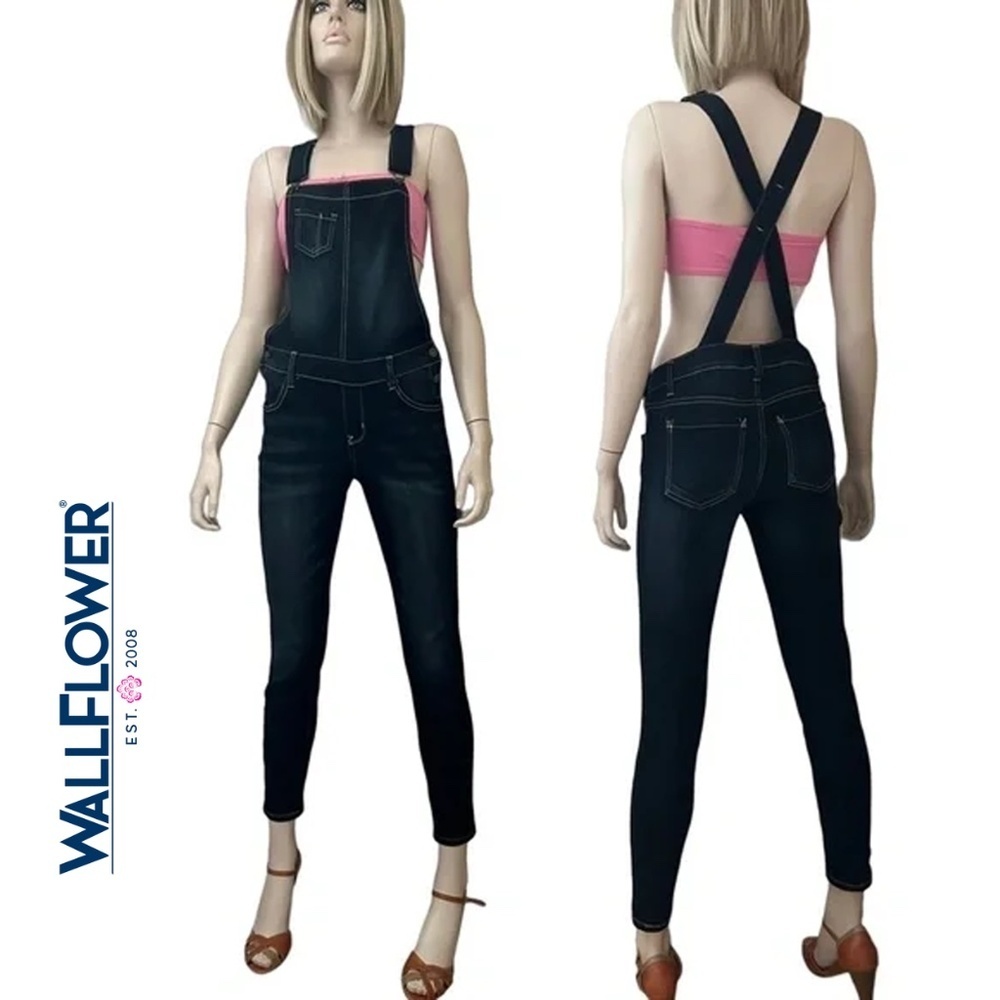 Wallflower Denim Jeans Overalls Bib Strappy Dark Wash Indigo Skinny Leg Stretch